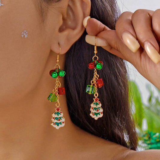 1 Pair Christmas Red And Green Christmas Tree Snowflake Earrings Creative Colorful Bell Tassel Christmas Ear Accessories