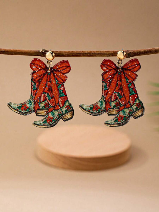 1 Pair Acrylic Cowgirl Boots Dangle Earring With Bow Decor, 2025 Christmas Festive Holiday Xmas Earrings Jewelry Gift For Women&Girls