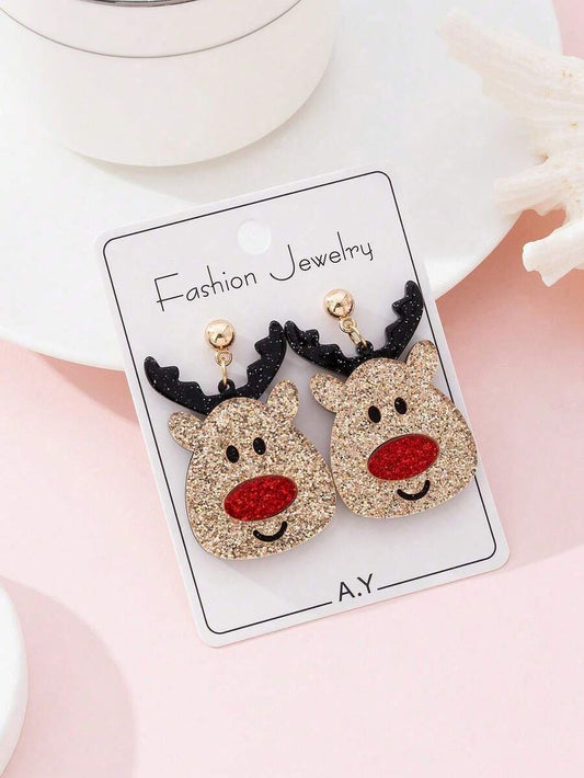 1 Pair Cute Sparkling Reindeer Design Fashion Jewelry Earrings For Women, Holiday Party Gift