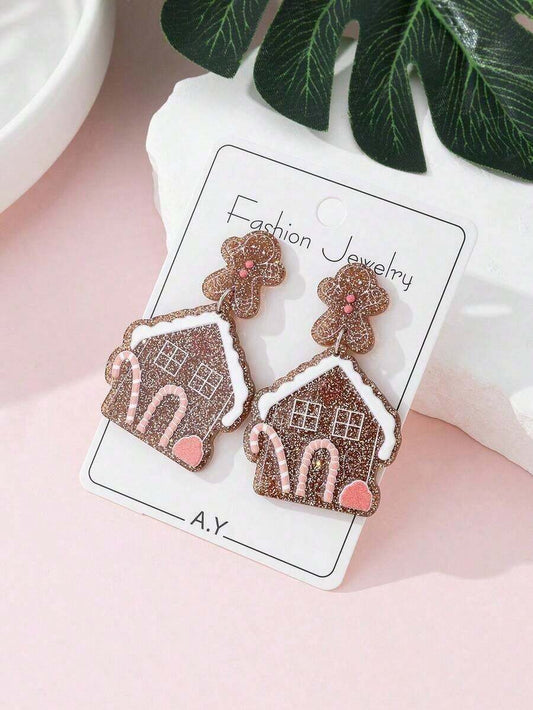 1 Pair Christmas Gingerbread Man & Gingerbread House Themed Fashion Earrings, Suitable For Holiday Parties And Gifts