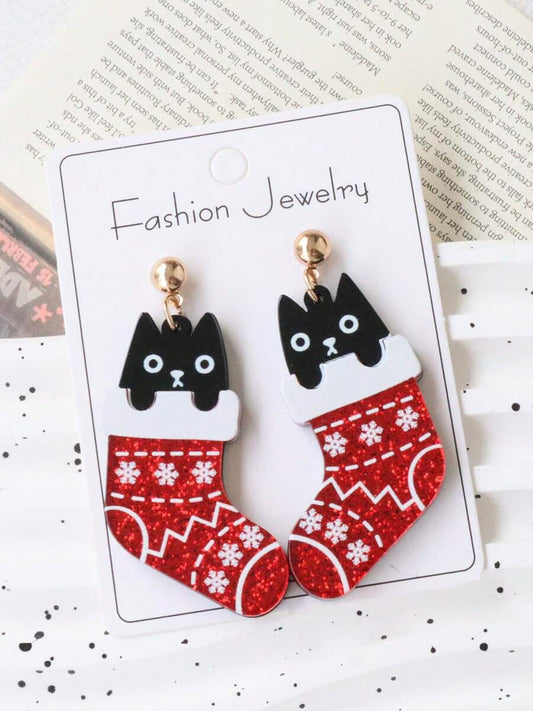 1 Pair Acrylic Double-Layer Cat Ear Earrings, Bling Bling, Cute & Unique, Suitable For Christmas, Holiday Party, Gift