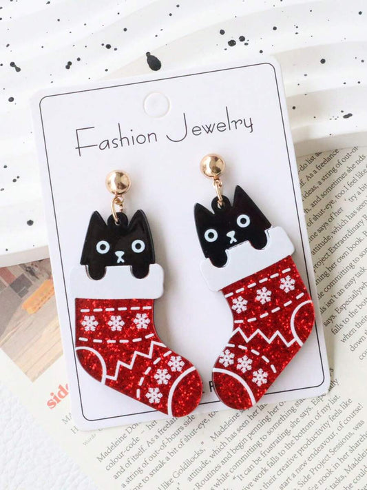 1 Pair Acrylic Double-Layer Cat Ear Earrings, Bling Bling, Cute & Unique, Suitable For Christmas, Holiday Party, Gift