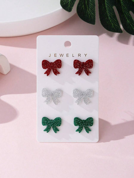 1 Pair Christmas Colorful Bow Design Fashion Jewelry Earrings Set, Perfect Gift For Holiday Parties