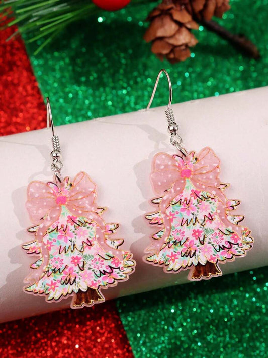 1 Pair Cute, Elegant, Minimalist, Pink Floral Christmas Tree Earrings, Suitable For Holiday Parties