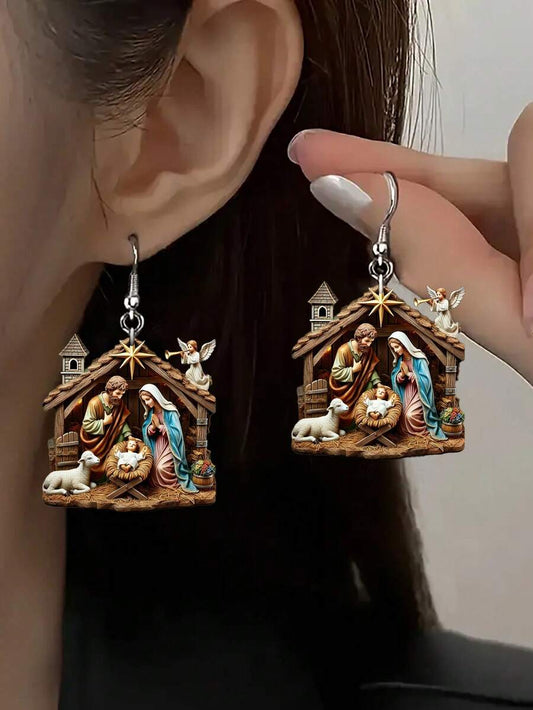 1 Pair Vintage-Inspired Acrylic Christmas Scene Earrings - 2D Flat Design Featuring The Holy Family And Shepherds, Stainless Steel Hooks, Hypoallergenic, Perfect For Daily Wear, Parties, And Gifting, Perfect Holiday Gift
