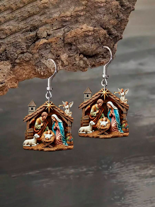 1 Pair Vintage-Inspired Acrylic Christmas Scene Earrings - 2D Flat Design Featuring The Holy Family And Shepherds, Stainless Steel Hooks, Hypoallergenic, Perfect For Daily Wear, Parties, And Gifting, Perfect Holiday Gift