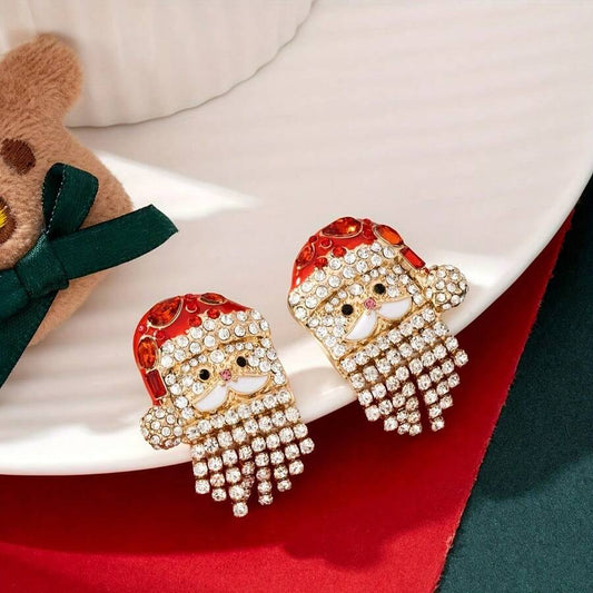 1 Pair Of Santa Claus Earrings - Sparkling Water Diamond Cartoon Santa Claus With Red Gold Accents, A Festive Party Ladies' Jewelry Gift, Suitable For All Year Round, Christmas Tree Earrings, Seasonal Accessories, Exquisite Craftsmanship