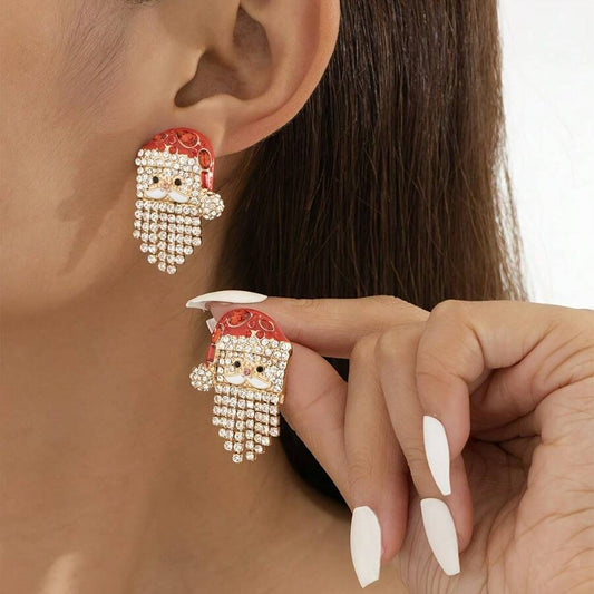 1 Pair Of Santa Claus Earrings - Sparkling Water Diamond Cartoon Santa Claus With Red Gold Accents, A Festive Party Ladies' Jewelry Gift, Suitable For All Year Round, Christmas Tree Earrings, Seasonal Accessories, Exquisite Craftsmanship