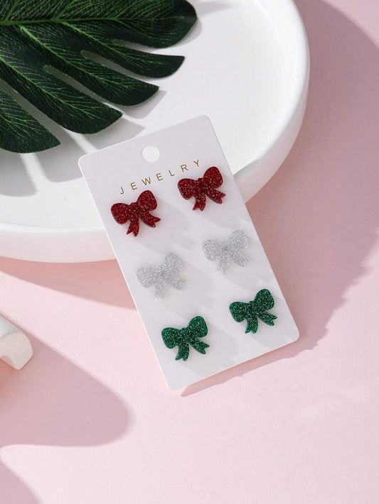 1 Pair Christmas Colorful Bow Design Fashion Jewelry Earrings Set, Perfect Gift For Holiday Parties