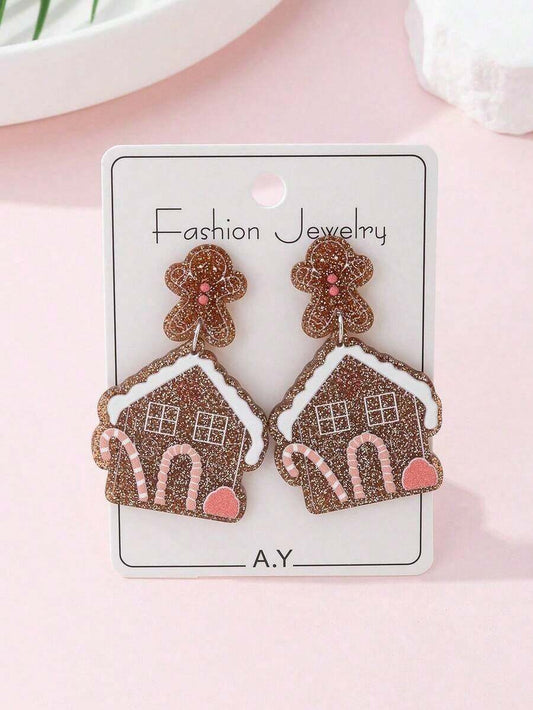 1 Pair Christmas Gingerbread Man & Gingerbread House Themed Fashion Earrings, Suitable For Holiday Parties And Gifts