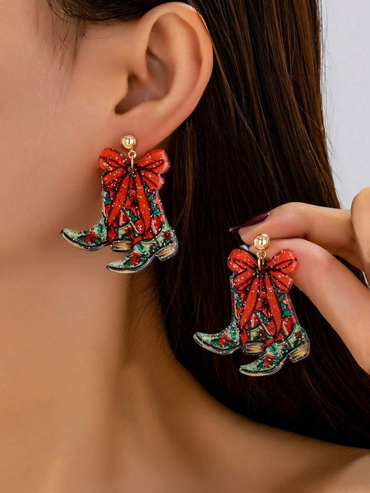 1 Pair Acrylic Cowgirl Boots Dangle Earring With Bow Decor, 2025 Christmas Festive Holiday Xmas Earrings Jewelry Gift For Women&Girls