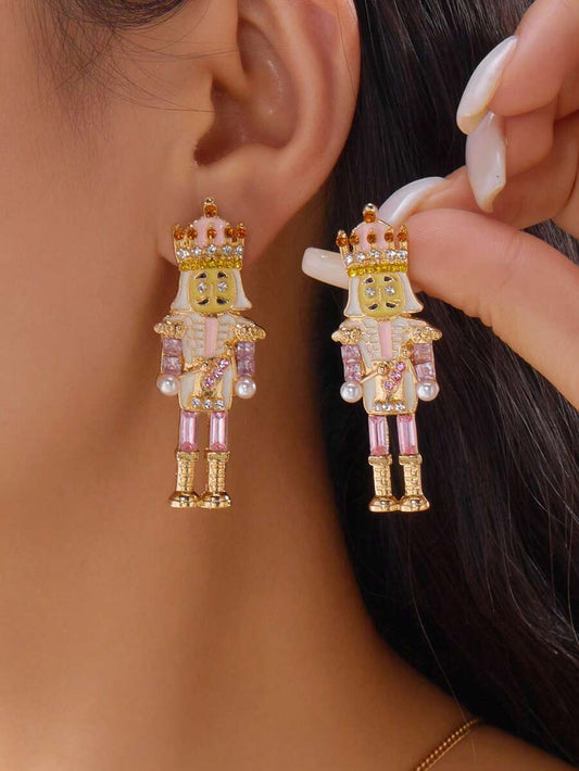 1 Pair Pink Alloy Unique Nutcracker Soldier Figure Earrings, Distinctive Women's Earrings With Pink Soldier Design And Rhinestones, Alloy Jewelry, Personalized Christmas Gift