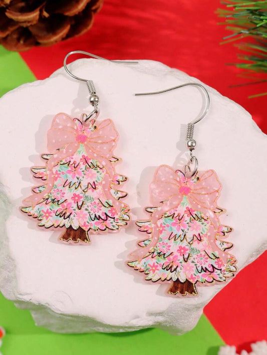 1 Pair Cute, Elegant, Minimalist, Pink Floral Christmas Tree Earrings, Suitable For Holiday Parties