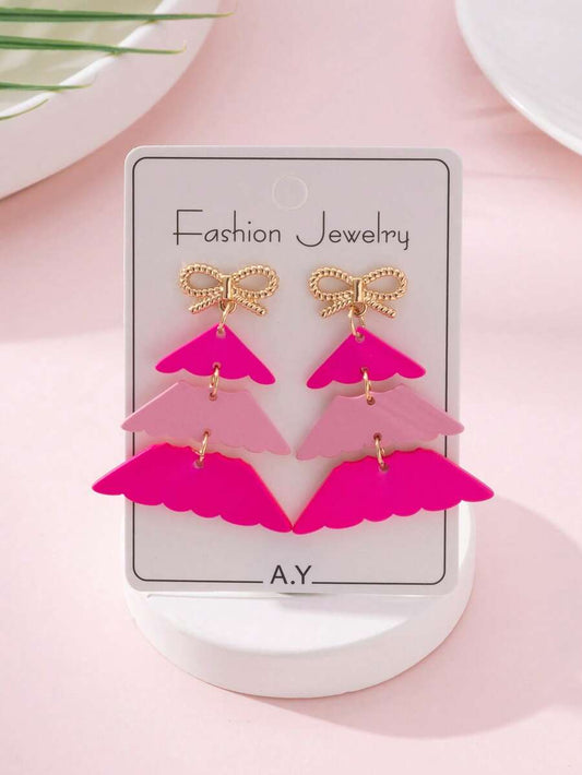 1 Pair Christmas Colorful Bow, Christmas Tree, Macaron Color Soft Ceramic Design Fashion Earrings For Women, Perfect Gift For Parties And Holidays