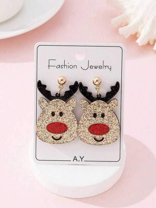 1 Pair Cute Sparkling Reindeer Design Fashion Jewelry Earrings For Women, Holiday Party Gift