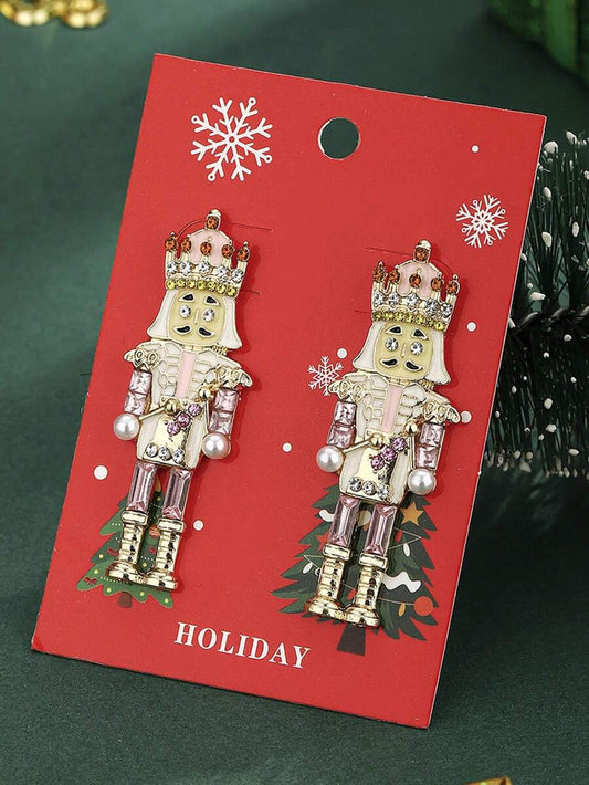 1 Pair Pink Alloy Unique Nutcracker Soldier Figure Earrings, Distinctive Women's Earrings With Pink Soldier Design And Rhinestones, Alloy Jewelry, Personalized Christmas Gift