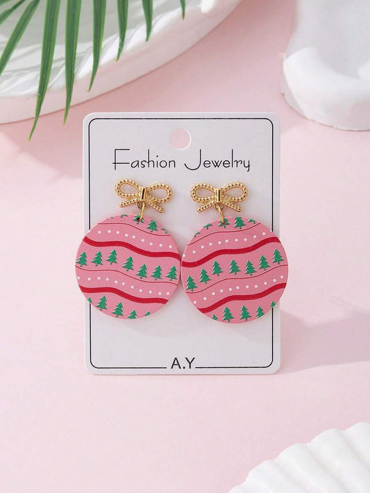 1 Pair Christmas Bow & Colorful Christmas Tree Round Enamel Faux Soft Ceramic Design Women Fashion Jewelry Earrings, Perfect Gift For Holiday Parties