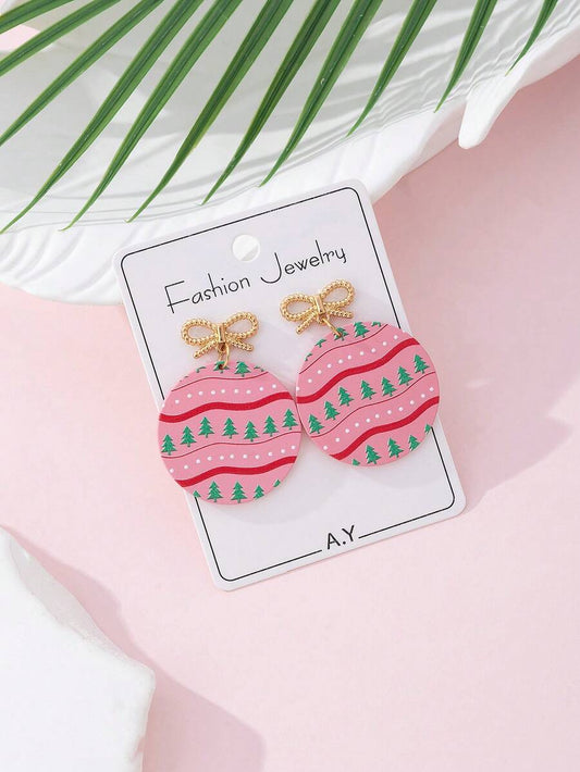 1 Pair Christmas Bow & Colorful Christmas Tree Round Enamel Faux Soft Ceramic Design Women Fashion Jewelry Earrings, Perfect Gift For Holiday Parties